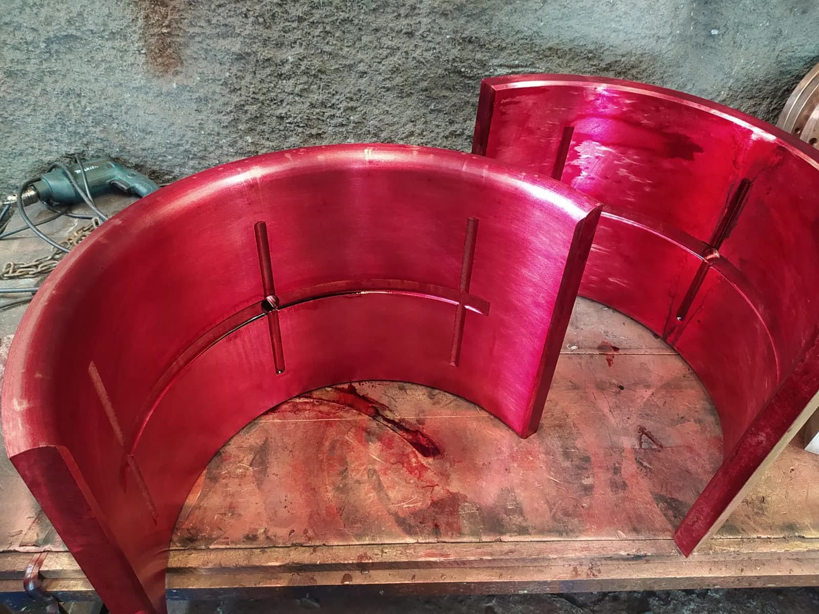 Liquid penetrant test with red penetrant applied to a copper component