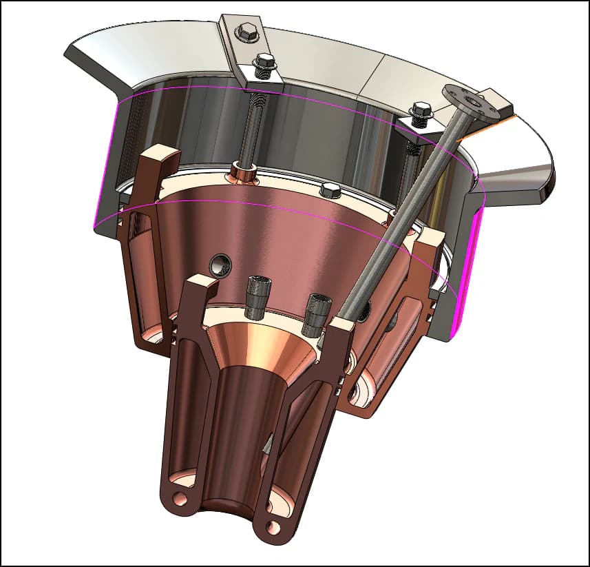 Sectioned 3D CAD model of a water-cooled industrial copper assembly
