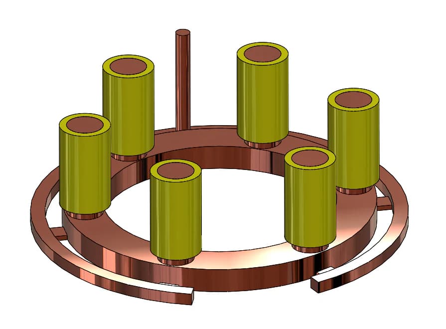 3D CAD model of a circular copper assembly with cylindrical elements