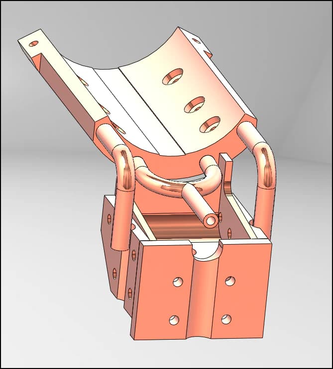 3D CAD model of a water-cooled component with copper channels and piping